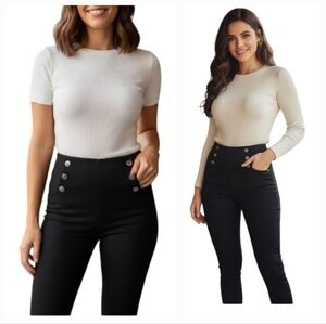 "Contenta" (S) Sexy Black Stretch Pull On Pants with Front Buttons